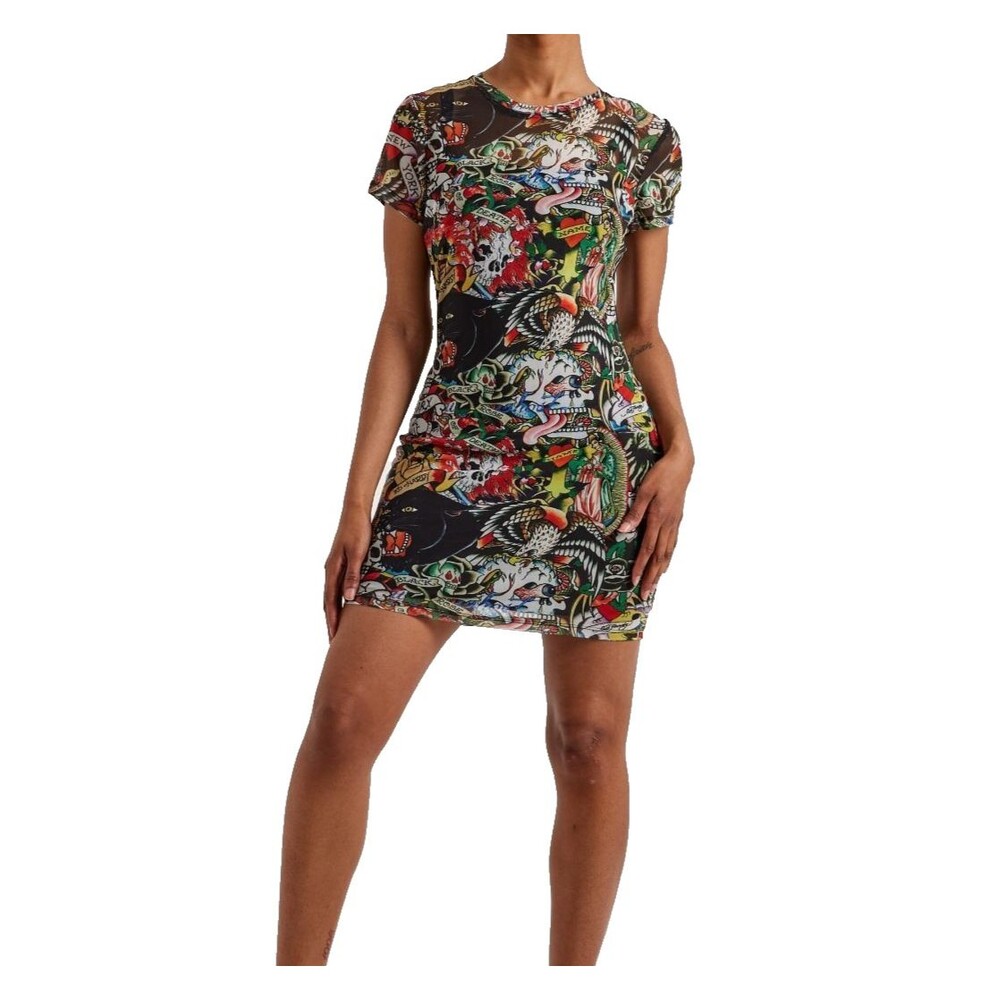 NWT Ed Hardy Women's Tee Dress Size Small Tattoo Collage Print Mesh Lined